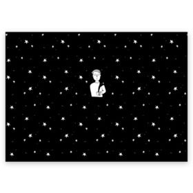 Поздравительная открытка с принтом Чай Космос в Екатеринбурге, 100% бумага | плотность бумаги 280 г/м2, матовая, на обратной стороне линовка и место для марки
 | звезды | корабль | космонавт | кофе | мужчина | небо | ночь | парень | черно белый | эмоции