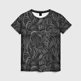 Женская футболка 3D с принтом Черные Волны в Екатеринбурге, 100% полиэфир ( синтетическое хлопкоподобное полотно) | прямой крой, круглый вырез горловины, длина до линии бедер | абстракция | вензель | волосы | геометрия | графика | завитки | искусство | карандаш | линии | листья | метель | плавный | рисование | стиль | тонкий | узор | цветы | черно белый | чертеж | щупальца