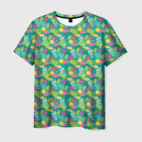 Мужская футболка 3D с принтом Гаваи в Екатеринбурге, 100% полиэфир | прямой крой, круглый вырез горловины, длина до линии бедер | aloha | fruits | hawaii | summer | ананас | арбуз | гаваи | пальмы | пляж | солнце | тропики | фламинго | флорида | фрукты