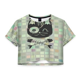 Женская футболка 3D укороченная с принтом Пиратский кот в Екатеринбурге, 100% полиэстер | круглая горловина, длина футболки до линии талии, рукава с отворотами | Тематика изображения на принте: 3d | арт | животные | кости | кот | кубики | пират | текстуры | череп
