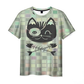 Мужская футболка 3D с принтом Пиратский кот в Екатеринбурге, 100% полиэфир | прямой крой, круглый вырез горловины, длина до линии бедер | Тематика изображения на принте: 3d | арт | животные | кости | кот | кубики | пират | текстуры | череп