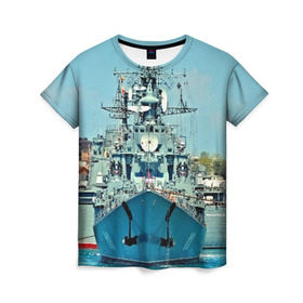 Женская футболка 3D с принтом Сторожевой корабль в Екатеринбурге, 100% полиэфир ( синтетическое хлопкоподобное полотно) | прямой крой, круглый вырез горловины, длина до линии бедер | 3d | море | севастополь | сторожевой корабль | судно | черноморский флот