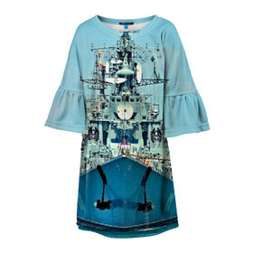 Детское платье 3D с принтом Сторожевой корабль в Екатеринбурге, 100% полиэстер | прямой силуэт, чуть расширенный к низу. Круглая горловина, на рукавах — воланы | Тематика изображения на принте: 3d | море | севастополь | сторожевой корабль | судно | черноморский флот