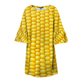 Детское платье 3D с принтом Сладкая вареная кукуруза в Екатеринбурге, 100% полиэстер | прямой силуэт, чуть расширенный к низу. Круглая горловина, на рукавах — воланы | Тематика изображения на принте: еда | кукуруза