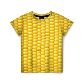 Детская футболка 3D с принтом Сладкая вареная кукуруза в Екатеринбурге, 100% гипоаллергенный полиэфир | прямой крой, круглый вырез горловины, длина до линии бедер, чуть спущенное плечо, ткань немного тянется | Тематика изображения на принте: еда | кукуруза