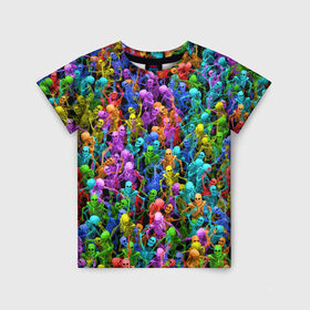 Детская футболка 3D с принтом Разноцветные скелеты в Екатеринбурге, 100% гипоаллергенный полиэфир | прямой крой, круглый вырез горловины, длина до линии бедер, чуть спущенное плечо, ткань немного тянется | Тематика изображения на принте: паттерн | разноцветный | скелет | яркий