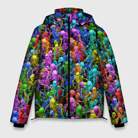 Мужская зимняя куртка 3D с принтом Разноцветные скелеты в Екатеринбурге, верх — 100% полиэстер; подкладка — 100% полиэстер; утеплитель — 100% полиэстер | длина ниже бедра, свободный силуэт Оверсайз. Есть воротник-стойка, отстегивающийся капюшон и ветрозащитная планка. 

Боковые карманы с листочкой на кнопках и внутренний карман на молнии. | Тематика изображения на принте: паттерн | разноцветный | скелет | яркий