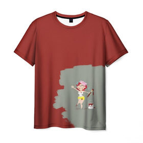 Мужская футболка 3D с принтом Рыжая красит в красный в Екатеринбурге, 100% полиэфир | прямой крой, круглый вырез горловины, длина до линии бедер |  банка | девушка | женщина | капли | кисточка | кисть | краска | красная | маляр | мульт | мультяшка | недокрашенная | прикол | рыжеволосая | следы | строитель