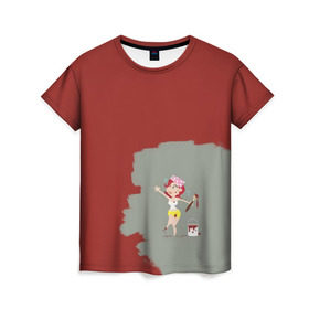 Женская футболка 3D с принтом Рыжая красит в красный в Екатеринбурге, 100% полиэфир ( синтетическое хлопкоподобное полотно) | прямой крой, круглый вырез горловины, длина до линии бедер |  банка | девушка | женщина | капли | кисточка | кисть | краска | красная | маляр | мульт | мультяшка | недокрашенная | прикол | рыжеволосая | следы | строитель
