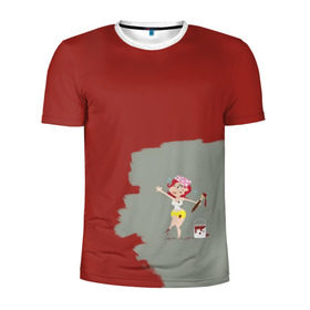 Мужская футболка 3D спортивная с принтом Рыжая красит в красный в Екатеринбурге, 100% полиэстер с улучшенными характеристиками | приталенный силуэт, круглая горловина, широкие плечи, сужается к линии бедра |  банка | девушка | женщина | капли | кисточка | кисть | краска | красная | маляр | мульт | мультяшка | недокрашенная | прикол | рыжеволосая | следы | строитель