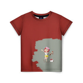 Детская футболка 3D с принтом Рыжая красит в красный в Екатеринбурге, 100% гипоаллергенный полиэфир | прямой крой, круглый вырез горловины, длина до линии бедер, чуть спущенное плечо, ткань немного тянется | Тематика изображения на принте:  банка | девушка | женщина | капли | кисточка | кисть | краска | красная | маляр | мульт | мультяшка | недокрашенная | прикол | рыжеволосая | следы | строитель