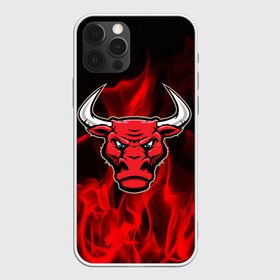 Чехол для iPhone 12 Pro с принтом Angry bull в Екатеринбурге, силикон | область печати: задняя сторона чехла, без боковых панелей | 3d | angry bull | in fire | бык | в огне | дым | животные | мощь | огненный | огонь | пламя | пожар | сила | стихия