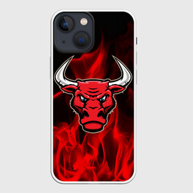Чехол для iPhone 13 mini с принтом Angry bull в Екатеринбурге,  |  | 3d | angry bull | in fire | бык | в огне | дым | животные | мощь | огненный | огонь | пламя | пожар | сила | стихия