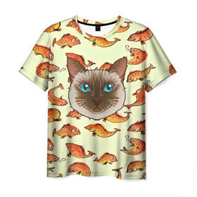 Мужская футболка 3D с принтом Котик в рыбках! в Екатеринбурге, 100% полиэфир | прямой крой, круглый вырез горловины, длина до линии бедер | Тематика изображения на принте: животные | коты | котэ | котята | милые животные | прикольные | рыба | рыбки | цветные | яркие