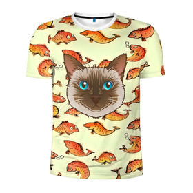 Мужская футболка 3D спортивная с принтом Котик в рыбках! в Екатеринбурге, 100% полиэстер с улучшенными характеристиками | приталенный силуэт, круглая горловина, широкие плечи, сужается к линии бедра | животные | коты | котэ | котята | милые животные | прикольные | рыба | рыбки | цветные | яркие