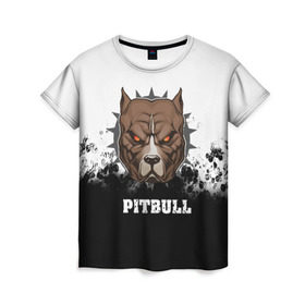 Женская футболка 3D с принтом Pitbull в Екатеринбурге, 100% полиэфир ( синтетическое хлопкоподобное полотно) | прямой крой, круглый вырез горловины, длина до линии бедер | 3d | dog | pitbull | абстракция | животные | краска | собака | черно белый