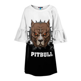 Детское платье 3D с принтом Pitbull в Екатеринбурге, 100% полиэстер | прямой силуэт, чуть расширенный к низу. Круглая горловина, на рукавах — воланы | Тематика изображения на принте: 3d | dog | pitbull | абстракция | животные | краска | собака | черно белый