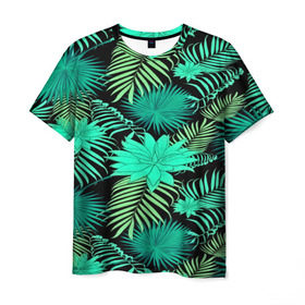 Мужская футболка 3D с принтом Tropical pattern в Екатеринбурге, 100% полиэфир | прямой крой, круглый вырез горловины, длина до линии бедер | 3d | арт | лето | листья | пальмы | текстура | узор | цветы