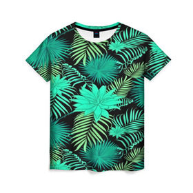 Женская футболка 3D с принтом Tropical pattern в Екатеринбурге, 100% полиэфир ( синтетическое хлопкоподобное полотно) | прямой крой, круглый вырез горловины, длина до линии бедер | 3d | арт | лето | листья | пальмы | текстура | узор | цветы