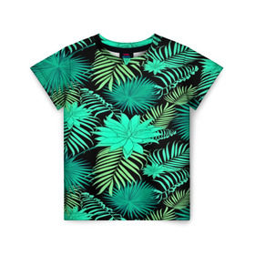 Детская футболка 3D с принтом Tropical pattern в Екатеринбурге, 100% гипоаллергенный полиэфир | прямой крой, круглый вырез горловины, длина до линии бедер, чуть спущенное плечо, ткань немного тянется | 3d | арт | лето | листья | пальмы | текстура | узор | цветы
