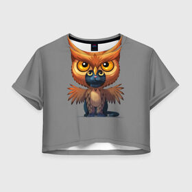 Женская футболка 3D укороченная с принтом Совокот в Екатеринбурге, 100% полиэстер | круглая горловина, длина футболки до линии талии, рукава с отворотами | cat | craft the world | owl | кот | кошка | птица | сова