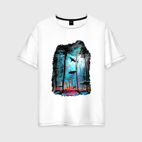 Женская футболка хлопок Oversize с принтом Подводный мир (лес с акулами) в Екатеринбурге, 100% хлопок | свободный крой, круглый ворот, спущенный рукав, длина до линии бедер
 | пейзаж | сказочный
