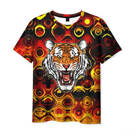Мужская футболка 3D с принтом Тигр в Екатеринбурге, 100% полиэфир | прямой крой, круглый вырез горловины, длина до линии бедер | 3d | abstraction | tiger | абстракция | голова животного | клыки | котята | кошки | крик | полосатый | тигр