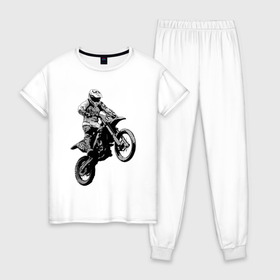 Женская пижама хлопок с принтом Мотокросс в Екатеринбурге, 100% хлопок | брюки и футболка прямого кроя, без карманов, на брюках мягкая резинка на поясе и по низу штанин | 3d | арт | байк | краска | мотокросс | мотоцикл | прикольные | цветные