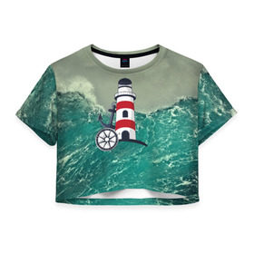 Женская футболка 3D укороченная с принтом Морской в Екатеринбурге, 100% полиэстер | круглая горловина, длина футболки до линии талии, рукава с отворотами | 3d | blue | брызги | вмф | вода | военный | волны | исторический | капли | корабль | лето | море | моряк | океан | природа | фрегат | шторм