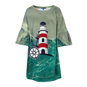 Детское платье 3D с принтом Морской в Екатеринбурге, 100% полиэстер | прямой силуэт, чуть расширенный к низу. Круглая горловина, на рукавах — воланы | Тематика изображения на принте: 3d | blue | брызги | вмф | вода | военный | волны | исторический | капли | корабль | лето | море | моряк | океан | природа | фрегат | шторм