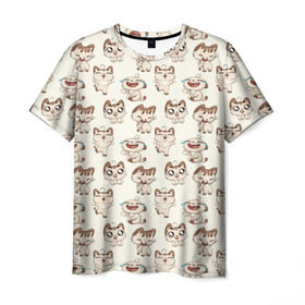 Мужская футболка 3D с принтом Стикеры котик в Екатеринбурге, 100% полиэфир | прямой крой, круглый вырез горловины, длина до линии бедер | vk | вк | вконтакте | кот | котик | стикеры