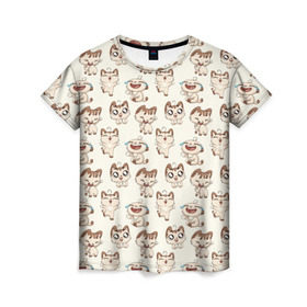 Женская футболка 3D с принтом Стикеры котик в Екатеринбурге, 100% полиэфир ( синтетическое хлопкоподобное полотно) | прямой крой, круглый вырез горловины, длина до линии бедер | vk | вк | вконтакте | кот | котик | стикеры