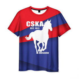 Мужская футболка 3D с принтом CSKA est. 1911 в Екатеринбурге, 100% полиэфир | прямой крой, круглый вырез горловины, длина до линии бедер | армейцы | болельщик | кони | красно синие | фанат | футбол | футболист | цска