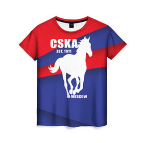 Женская футболка 3D с принтом CSKA est. 1911 в Екатеринбурге, 100% полиэфир ( синтетическое хлопкоподобное полотно) | прямой крой, круглый вырез горловины, длина до линии бедер | армейцы | болельщик | кони | красно синие | фанат | футбол | футболист | цска