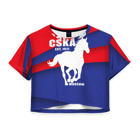 Женская футболка 3D укороченная с принтом CSKA est. 1911 в Екатеринбурге, 100% полиэстер | круглая горловина, длина футболки до линии талии, рукава с отворотами | армейцы | болельщик | кони | красно синие | фанат | футбол | футболист | цска