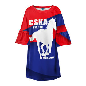 Детское платье 3D с принтом CSKA est. 1911 в Екатеринбурге, 100% полиэстер | прямой силуэт, чуть расширенный к низу. Круглая горловина, на рукавах — воланы | армейцы | болельщик | кони | красно синие | фанат | футбол | футболист | цска