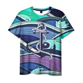 Мужская футболка 3D с принтом Моряк в Екатеринбурге, 100% полиэфир | прямой крой, круглый вырез горловины, длина до линии бедер | blue | брызги | вмф | вода | военный | волны | капли | море | океан