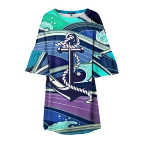 Детское платье 3D с принтом Моряк в Екатеринбурге, 100% полиэстер | прямой силуэт, чуть расширенный к низу. Круглая горловина, на рукавах — воланы | Тематика изображения на принте: blue | брызги | вмф | вода | военный | волны | капли | море | океан
