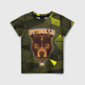 Детская футболка 3D с принтом Pitbulls в Екатеринбурге, 100% гипоаллергенный полиэфир | прямой крой, круглый вырез горловины, длина до линии бедер, чуть спущенное плечо, ткань немного тянется | Тематика изображения на принте: dog | pitbulls | абстракция | геометрия | животные | собака | треугольники | цепь