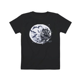 Детская футболка хлопок с принтом Сова ниндзя в Екатеринбурге, 100% хлопок | круглый вырез горловины, полуприлегающий силуэт, длина до линии бедер | Тематика изображения на принте: ninja | owl | летучие мыши | луна | ночь | сюрикен | филин