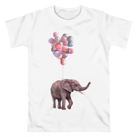 Мужская футболка хлопок с принтом Слоник-подарок в Екатеринбурге, 100% хлопок | прямой крой, круглый вырез горловины, длина до линии бедер, слегка спущенное плечо. | акварель | воздушные шары | легкость | подарок | слон | слоник | шарики | шары