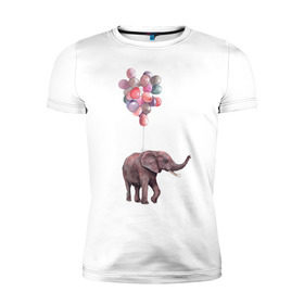 Мужская футболка премиум с принтом Слоник-подарок в Екатеринбурге, 92% хлопок, 8% лайкра | приталенный силуэт, круглый вырез ворота, длина до линии бедра, короткий рукав | акварель | воздушные шары | легкость | подарок | слон | слоник | шарики | шары