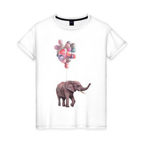 Женская футболка хлопок с принтом Слоник-подарок в Екатеринбурге, 100% хлопок | прямой крой, круглый вырез горловины, длина до линии бедер, слегка спущенное плечо | акварель | воздушные шары | легкость | подарок | слон | слоник | шарики | шары