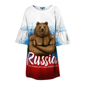 Детское платье 3D с принтом Russian Bear в Екатеринбурге, 100% полиэстер | прямой силуэт, чуть расширенный к низу. Круглая горловина, на рукавах — воланы | bear | russia | медведь | патриотическая | россия | русский медведь | триколор | флаг рф