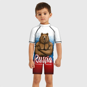 Детский купальный костюм 3D с принтом Russian Bear в Екатеринбурге, Полиэстер 85%, Спандекс 15% | застежка на молнии на спине | bear | russia | медведь | патриотическая | россия | русский медведь | триколор | флаг рф