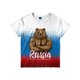 Детская футболка 3D с принтом Russian Bear в Екатеринбурге, 100% гипоаллергенный полиэфир | прямой крой, круглый вырез горловины, длина до линии бедер, чуть спущенное плечо, ткань немного тянется | Тематика изображения на принте: bear | russia | медведь | патриотическая | россия | русский медведь | триколор | флаг рф