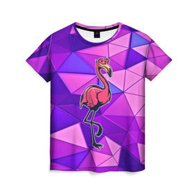 Женская футболка 3D с принтом Фламинго в Екатеринбурге, 100% полиэфир ( синтетическое хлопкоподобное полотно) | прямой крой, круглый вырез горловины, длина до линии бедер | bird | flyer | fowl | poultry | seabird | triangle | абстракция | животные | птицы | текстуры | тренд | треугольники | фламинго