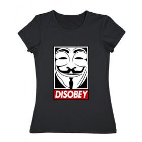 Женская футболка хлопок с принтом DISOBEY в Екатеринбурге, 100% хлопок | прямой крой, круглый вырез горловины, длина до линии бедер, слегка спущенное плечо | 