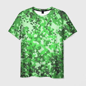 Мужская футболка 3D с принтом Камуфляж зеленые соты в Екатеринбурге, 100% полиэфир | прямой крой, круглый вырез горловины, длина до линии бедер | армия | болото | зеленка | зеленый | камок | камуфляж | лес | маскировка | мундир | натовка | охотник | пазл | прикольный | рыбак | солдат | яркий