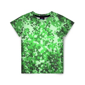 Детская футболка 3D с принтом Камуфляж зеленые соты в Екатеринбурге, 100% гипоаллергенный полиэфир | прямой крой, круглый вырез горловины, длина до линии бедер, чуть спущенное плечо, ткань немного тянется | Тематика изображения на принте: армия | болото | зеленка | зеленый | камок | камуфляж | лес | маскировка | мундир | натовка | охотник | пазл | прикольный | рыбак | солдат | яркий